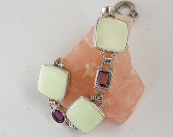 Large Lemon Chrysoprase and Amethyst Bracelet ~ Sterling Silver chain bracelet with chrysoprase cabs & faceted amethyst gems, 7.25-8.5 inch