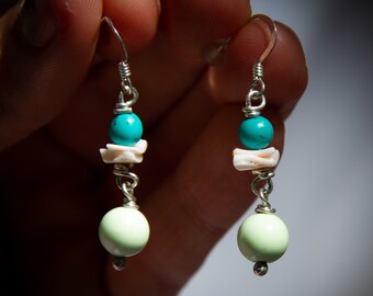 Lemon Chrysoprase, Turquoise, and Puka Shell Beaded Earrings ~ Sterling silver earrings with blue, pink and green beads, hypoallergenic