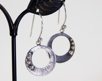 Silver Tribal Hoop Earrings ~ sterling silver circular earrings with brushed metal and hand granulated accents, hand rolled ear wires