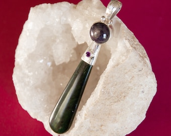 Jade Wand Pendant with Star Ruby and Amethyst ~ sterling silver dramatic pendant, brushed metal, BC Jade, gift box included