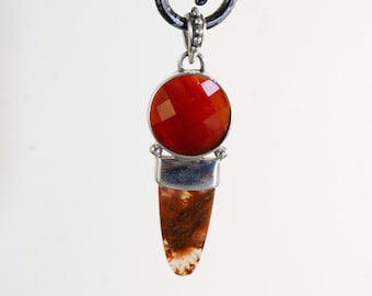Carnelian and Plume Agate pendant ~ 925 Sterling silver with checkerboard carnelian, plume agate tongue, wand pendant, boho jewelry