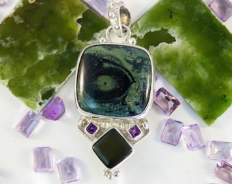 Star Galaxy Jasper & Jade Pendant ~ Kambaba Jasper, Jade, and Amethyst set in sterling silver, Come Sail Away! One of a kind Necklace