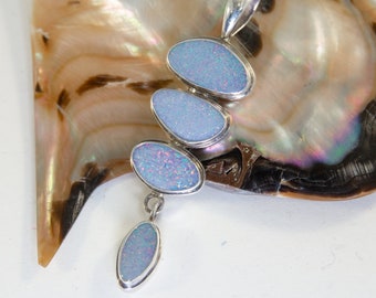 Long Tiered Opal Pendant ~ Bright Australian Opals set in sterling silver in a three tiered pendant, swinging opal accent, gift box included