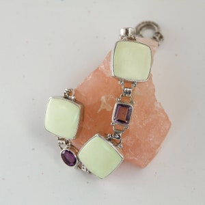 Large Lemon Chrysoprase and Amethyst Bracelet ~ Sterling Silver chain bracelet with chrysoprase cabs & faceted amethyst gems, 7.25-8.5 inch