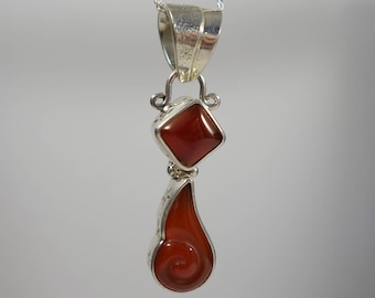Carnelian Goddess Swirl Pendant - 925 Sterling Silver setting with carved square/diamond and wing/swirl Carnelian stones, boho jewelry