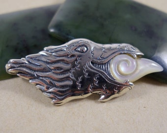 Dragon Pendant with Mother of Pearl Fire ~ Sterling silver pendant, playful dragon face breathing fire, boho jewelry, fantasy, free gift box