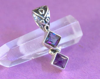 Petite Mystic Topaz and Amethyst Pendant ~ .925 sterling silver, square cabochons, rainbow & purple semi-precious gemstones, swirly accents