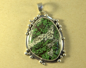 Green Turquoise Pendant ~ big turquoise cabochon, hand granulated sterling silver cluster details, swing bail, asymmetrical pendant