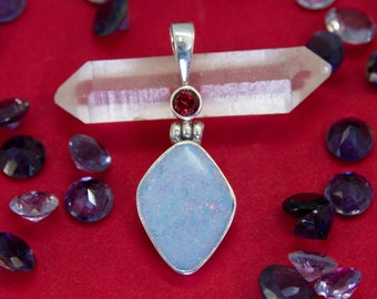 Asymmetrical Opal and Garnet Pendant ~ Set in sterling silver, Australian opal and bright red garnet, red & pink flashes, gift box included
