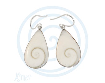 Large Eye of Shiva shell Earrings - Sterling Silver and Operculum dangle earrings, large teardrops, goddess swirls, sacred spirals