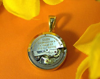 Bulova Watch Movement Pendant ~ yellow brass, upcycled steampunk jewelry