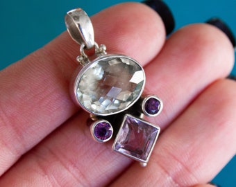 Prasiolite and Amethyst Pendant ~ Sterling Silver, large oval prasiolite, square and round amethysts, faceted gemstones, purple and green