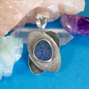 Dark Australian Opal Pendant ~ asymmetrical opal set in textured and polished sterling silver, funky mid century/retro futuristic design