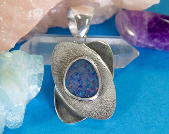 Dark Australian Opal Pendant ~ asymmetrical opal set in textured and polished sterling silver, funky mid century/retro futuristic design