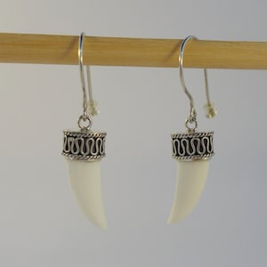 Carved Bone Earrings in 925 Sterling Silver ~ handmade boho jewelry, tooth fang earrings, gift box included! fierce and unique
