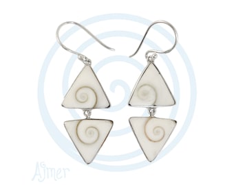 Triangular Eye of Shiva shell Earrings - Sterling Silver Operculum Tiered dangle earrings, double triangles, goddess swirls, sacred spirals