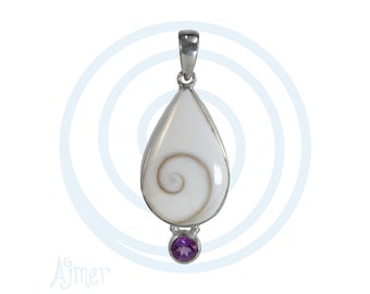 Eye of Shiva with Amethyst Pendant ~ Sterling Silver teardrop operculum shell pendant, Goddess swirls, sacred spirals, Pacific Cat's eye