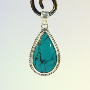 Petite Blue Turquoise Pendant in Sterling Silver ~ hand granulated silver, double sided, teardrop pendant, swing bail, blue and black
