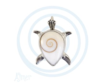 Eye of Shiva Turtle Pendant ~ teardrop operculum shell in sterling silver sea turtle setting, hand granulated accents, hidden bail