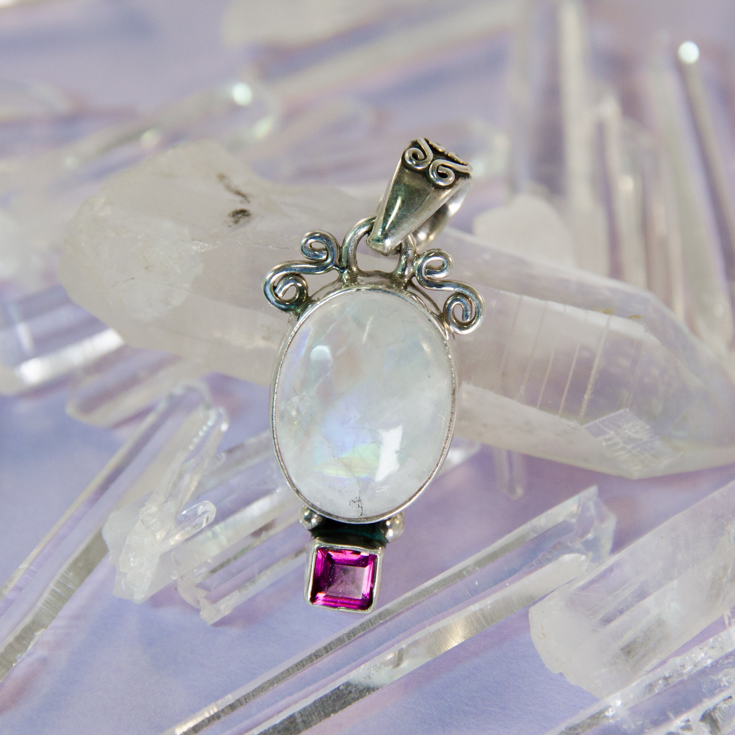 Rainbow Moonstone & Rhodolite Garnet Pendant ~ White Labradorite in 925 sterling silver, pink garnet, blue flash stone, boho jewelry