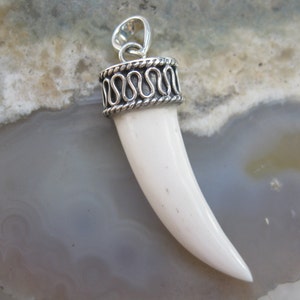 Carved Bone Pendant ~ Small or Large, handmade with 925 sterling silver setting, tooth fang pendant, boho jewelry, Gift box included