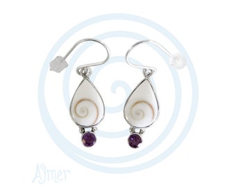 Eye of Shiva with Amethyst earrings ~ Sterling silver operculum shell earrings, goddess swirls, sacred spirals, Pacific Cat's Eye shells