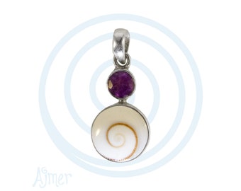 Petite Eye of Shiva and Amethyst Pendant ~ Operculum shell in sterling silver, tiny pendant with amethyst accent, gift box included!