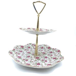Vintage Lefton China 2 Tier Serving Tray Pink Chintz Gold Trim 1950s