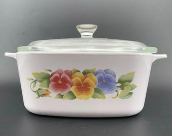 CorningWare A-1.5L Summer Blush Pansy Casserole Dish w P7C Pyrex Lid Vintage USA