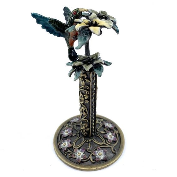 Enameled Brass Hummingbird Ring Holder Vintage Spoontiques Floral Jewelry Stand 4" Tall