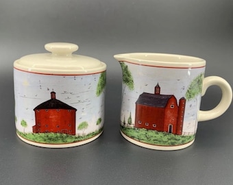 Juego de jarro para crema y azúcar Warren Kimble Barns Sakura 1998 Decoración estilo granja