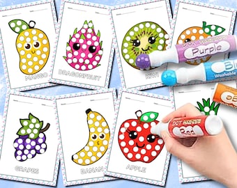 May include: A collection of fruit-themed dot marker activity sheets, including a mango, dragonfruit, kiwi, apple, grapes, and banana. Each sheet features a fruit outline with dot circles. Dot markers in purple, blue, and red are also visible.