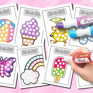 Könnte beinhalten: Eine Sammlung von Do-a-Dot-Aktivitätsblättern mit farbenfrohen Illustrationen eines Strandballs, eines Eis, eines Küken, eines Schmetterlings, eines Regenbogens und eines Eis am Stiel. Das Bild zeigt auch rote, lila und blaue Punktmarker.