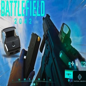 May include: A first-person view of a video game, Battlefield 2042, with a player holding a gun with a red dot sight. The player is looking down the sights of the gun, and the game's user interface is visible in the lower right corner. The game's name, Battlefield 2042, is visible in the upper left corner of the image.