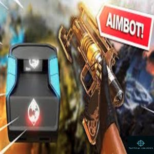 Puede incluir: Un dispositivo azul y negro con una luz roja y un símbolo blanco en la parte delantera. El dispositivo está etiquetado como "AIMBOT!" en un cuadro rojo. El dispositivo está al lado de una pistola dorada con detalles intrincados.