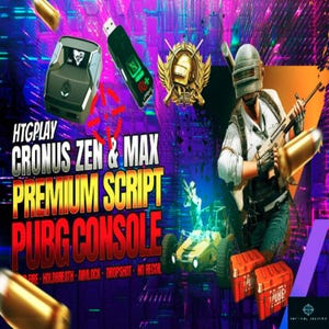 Puede incluir: Un diseño gráfico colorido para un script de consola PUBG para el Cronus Zen & Max. La imagen presenta a un jugador sosteniendo un arma, un automóvil y una caja con el logotipo de PUBG. El texto dice "HTGPLAY Cronus Zen & Max Premium Script PUBG Console Fire-Holdbreath-Amlock Dropshot-No Recoil".
