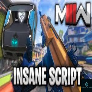 Puede incluir: Primer plano de una pantalla de videojuego que muestra a un jugador sosteniendo un arma con culata de madera. El logotipo del juego, "MW", es visible en la esquina superior derecha. El texto "INSANE SCRIPT" se muestra en letras blancas grandes en la parte inferior de la pantalla.