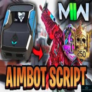 Pode incluir: Um controlador de videogame vermelho e preto com uma tela azul e branca. O controlador está conectado a um dispositivo que diz "AIMBOT SCRIPT" em letras grandes laranja. O fundo é uma tela de videogame com uma arma vermelha e preta e o texto "MW" em letras verdes.