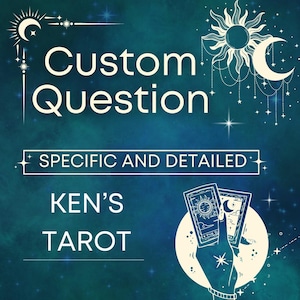 May include: A blue and white illustration of a tarot card reading with the text "Custom Question" and "SPECIFIC AND DETAILED" in white. The text "KEN'S TAROT" is also in white.