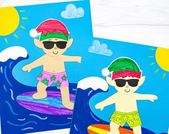 Elf Surfing Craft Template for Christmas in July | Elf Beach Scene | Tropical Elf Craft Idea for Kids