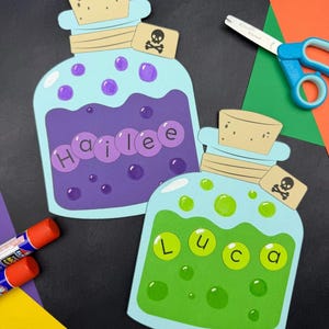 May include: Two paper potion bottle crafts featuring cork stoppers and skull tags. One bottle contains purple liquid with the name Hailee in circles, and the other contains green liquid with the name Luca in circles. Both bottles have bubbles.