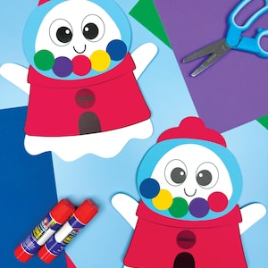 May include: Two paper cutouts of a gumball machine character with a red top, white body, and blue head. The gumball machine has a smiling face and colorful gumballs. Two glue sticks and a pair of blue scissors are also in the image.