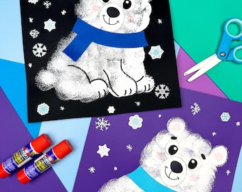 May include: Two handmade polar bear art pieces. Each bear is white with a blue scarf, set against a black and purple background, decorated with snowflake cutouts. Glue sticks and scissors are also visible.