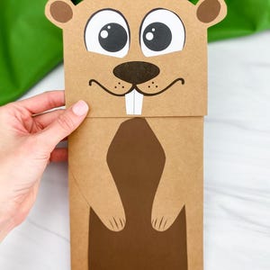 May include: A brown paper bag puppet in the shape of a groundhog. The puppet has large white eyes, a black nose, and two large white teeth. The groundhog has brown ears and paws. The puppet is held by a hand.