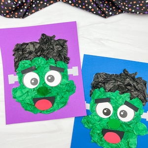 May include: Two paper craft projects featuring Frankenstein monster faces made with green and black crumpled tissue paper. Each face has white eyes, black eyebrows, a green nose, and a red mouth on purple and blue cardstock backgrounds.