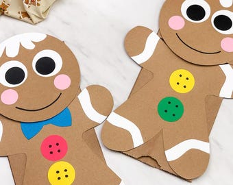 Gingerbread Man Paper Bag Puppet Craft Template | Printable Christmas Activity For Preschool, Prek, Kindergarten Classrooms