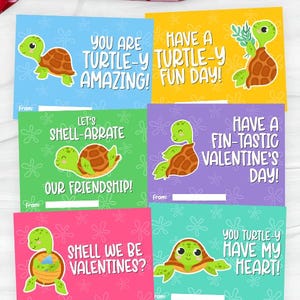 May include: A set of six Valentine's Day cards with cartoon turtles. Each card has a different color background and a unique pun-filled message, such as "You are turtle-y amazing!" and "Shell we be Valentines?" The cards have space to write "From:"