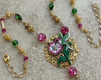 Pink and Green Hummingbird Pendant Necklace