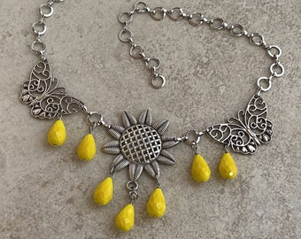 Sunflower and Butterfly Choker in Yellow and Antique Silver