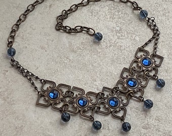 Czech Style Cathedral Window Choker in Antique Brass and Montana Glass